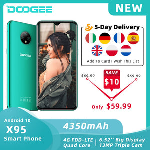 DOOGEE X95 Mobile Phone Android 10 OS 4G-LTE Cellphones 6.52“ MTK6737 16GB ROM Dual SIM 13MP Triple Camera 4350mAh SmartPhones