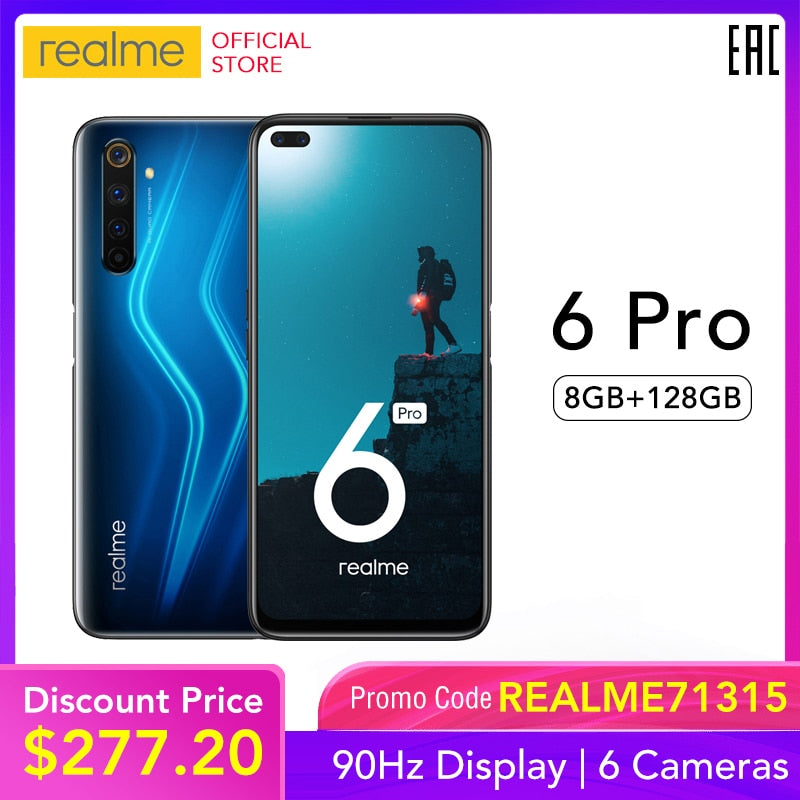 realme 6 Pro Global Version Mobile Phone 8GB RAM 128GB ROM 6Pro Snapdragon 720G 90Hz Display 30W Flash Charge 4300mAh Cellphone