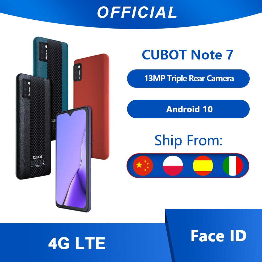 Cubot Note 7 Smartphone Rear Triple Camera 13MP 4G LTE 5.5 Inch Screen 3100mAh Android 10 Dual SIM Card mobile phone Face Unlock